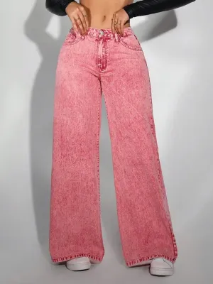 Women's Pink Washed High-Waisted Wide-Leg Jeans — view 2