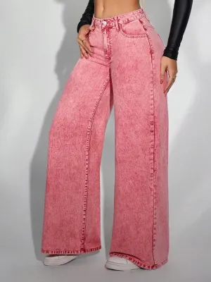 Women's Pink Washed High-Waisted Wide-Leg Jeans — view 3