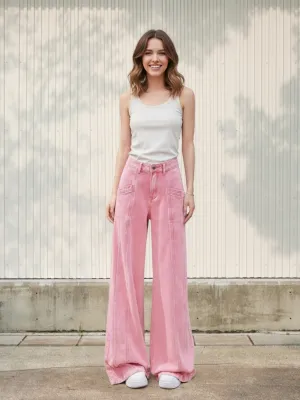 Women's Pink Wide-Leg Jeans with Contrast Stitching — view 1