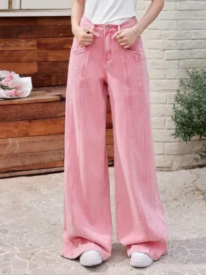 Women's Pink Wide-Leg Jeans with Contrast Stitching — view 2