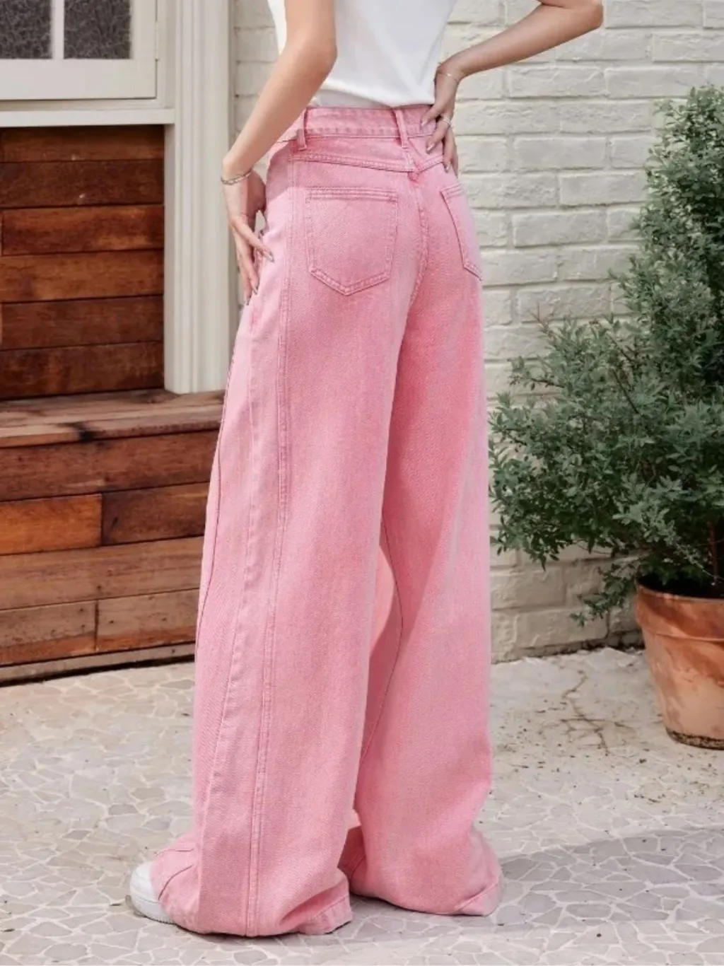Women's Pink Wide-Leg Jeans with Contrast Stitching — quality denim, made to last