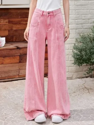 Women's Pink Wide-Leg Jeans with Contrast Stitching — view 4