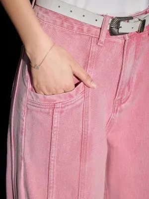 Women's Pink Wide-Leg Jeans with Contrast Stitching — view 5