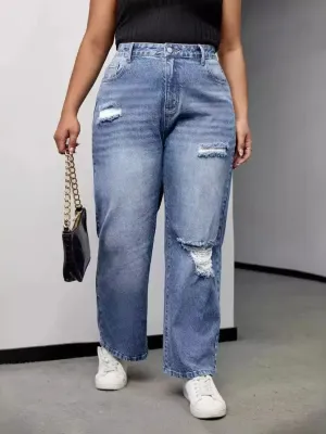 Women's Plus Size Blue Distressed Denim Jeans — view 2