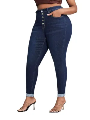 Women's Plus Size Dark Blue High-Waisted Jeans — view 5