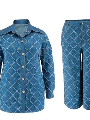Women's Plus Size Denim Set with Diamond Motif — view 4