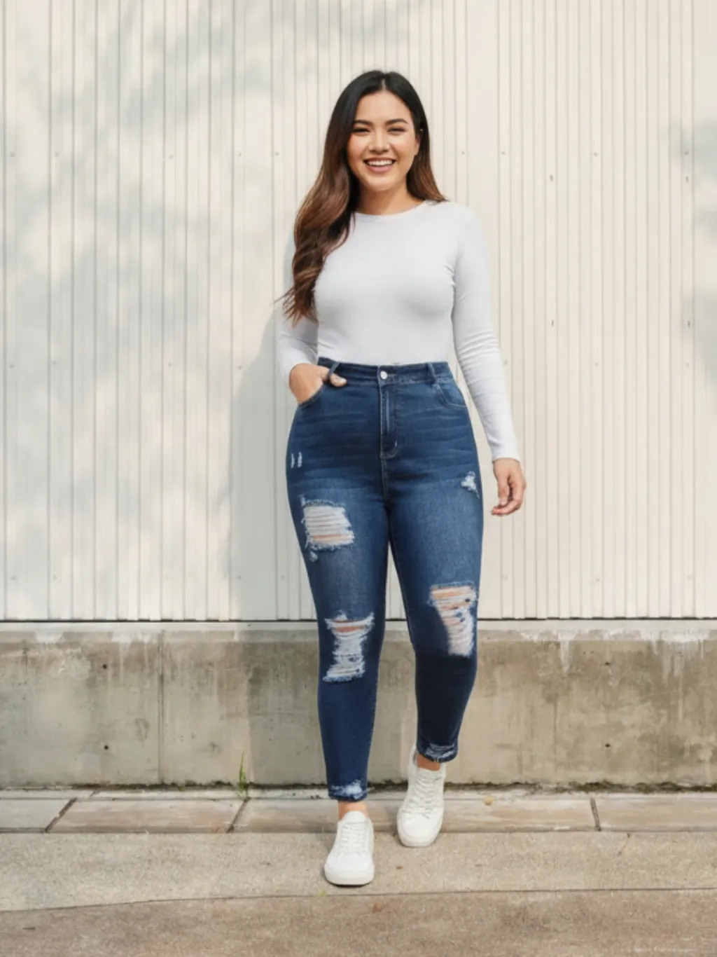 Women's Plus Size Raw Blue Ripped Denim Jeans