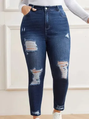 Women's Plus Size Raw Blue Ripped Denim Jeans — view 3