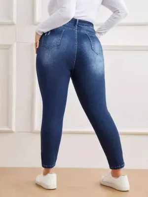 Women's Plus Size Raw Blue Ripped Denim Jeans — view 4