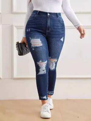 Women's Plus Size Raw Blue Ripped Denim Jeans — view 5