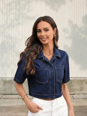 Women's Raw Denim Cropped Jacket, Short Sleeve — view 1