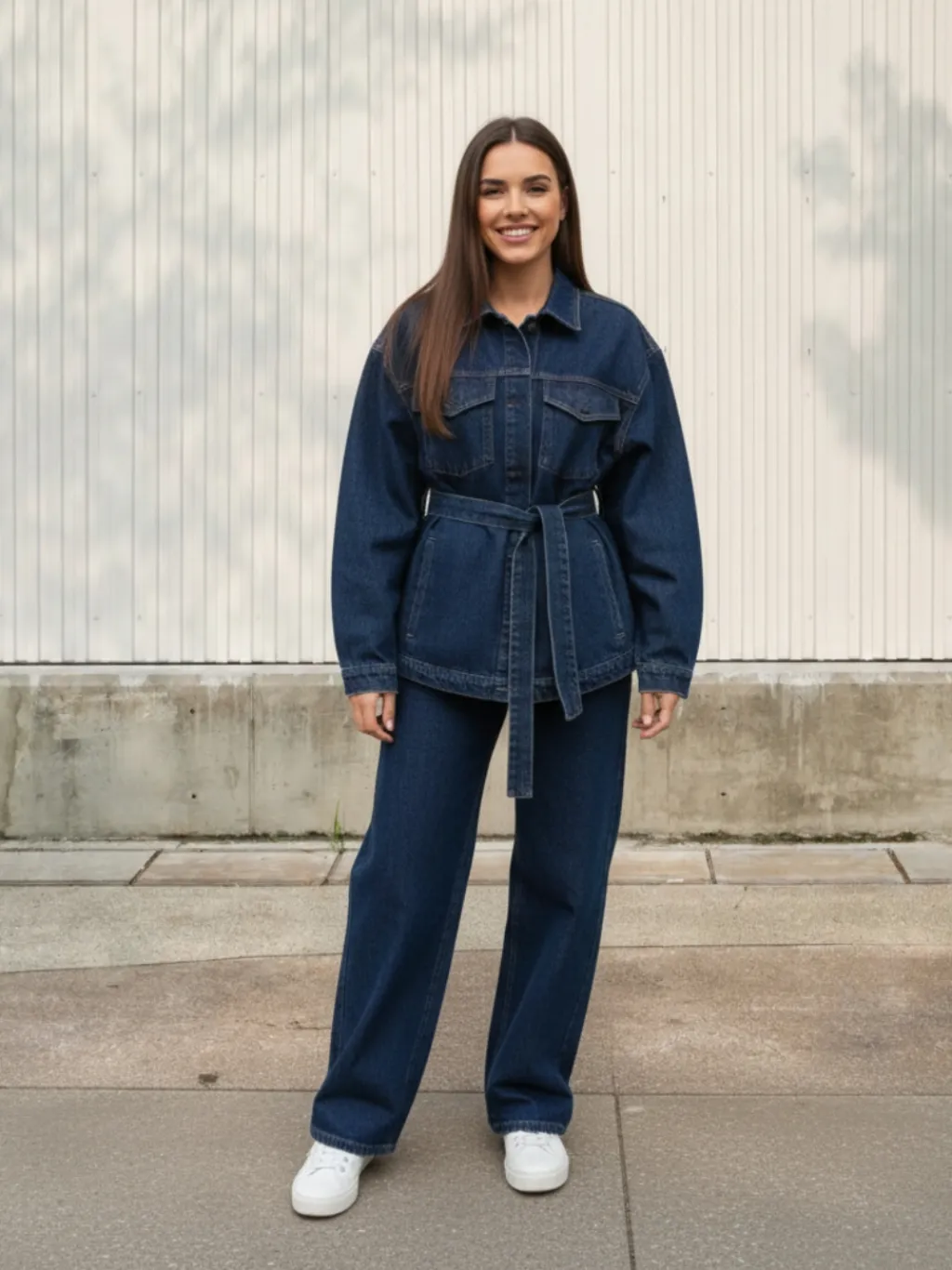 Women's Raw Denim Set with Belted Jacket & Wide Trousers