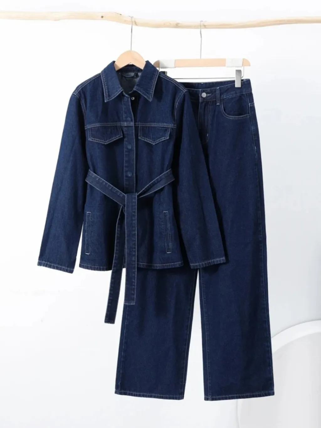 Women's Raw Denim Set with Belted Jacket & Wide Trousers — a pair designed to be worn everywhere