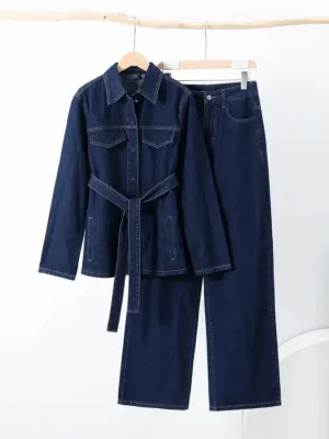 Women's Raw Denim Set with Belted Jacket & Wide Trousers — view 2