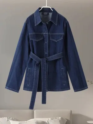 Women's Raw Denim Set with Belted Jacket & Wide Trousers — view 3