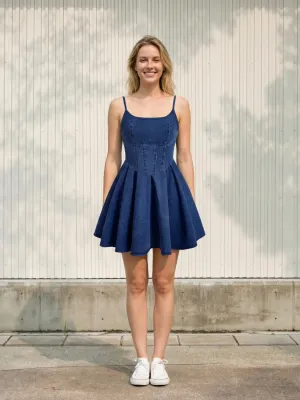 Women's Raw Denim Short Dress with Corset Effect — view 1