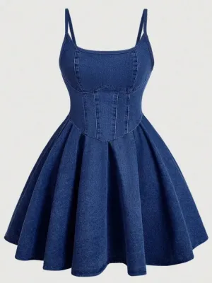 Women's Raw Denim Short Dress with Corset Effect — view 2