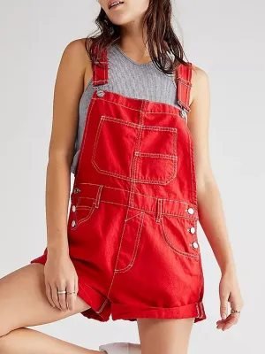 Women's Red Denim Dungaree Shorts — view 2