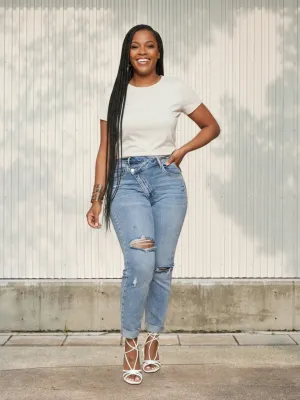 Women's Ripped Slim Jeans with Asymmetric Waist — view 1