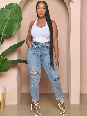 Women's Ripped Slim Jeans with Asymmetric Waist — view 2