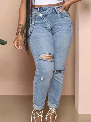 Women's Ripped Slim Jeans with Asymmetric Waist — view 3