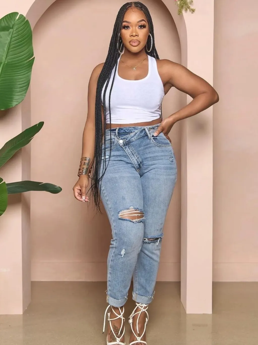 Women's Ripped Slim Jeans with Asymmetric Waist — endless ways to style it