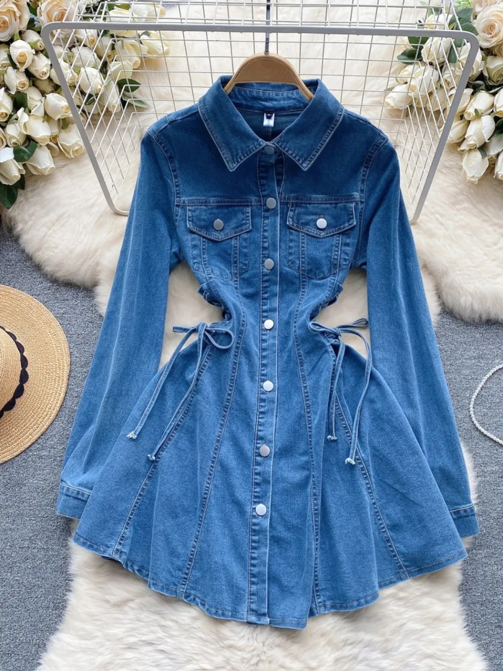 Women's Short Denim Dress with Long Sleeves & Adjustable Ties — a pair designed to be worn everywhere