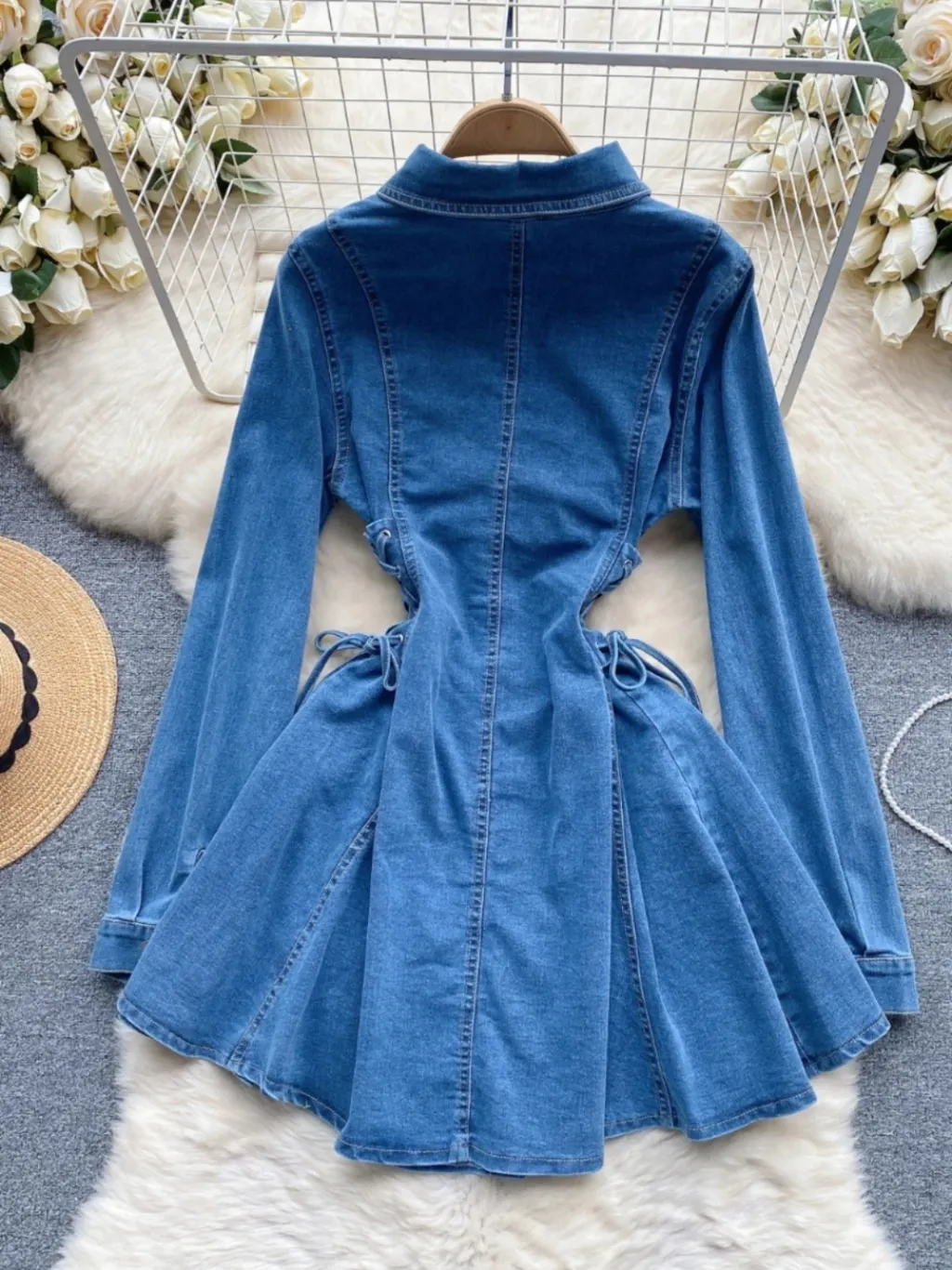 Women's Short Denim Dress with Long Sleeves & Adjustable Ties — quality denim, made to last