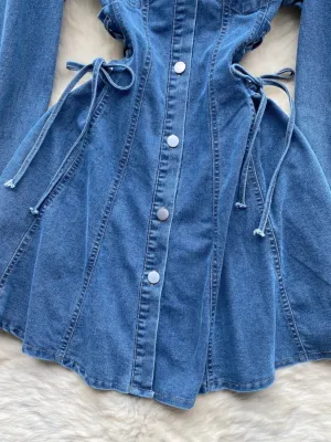 Women's Short Denim Dress with Long Sleeves & Adjustable Ties — view 4
