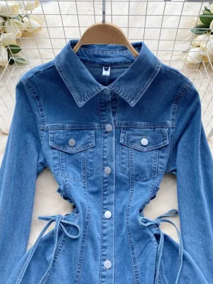 Women's Short Denim Dress with Long Sleeves & Adjustable Ties — view 5