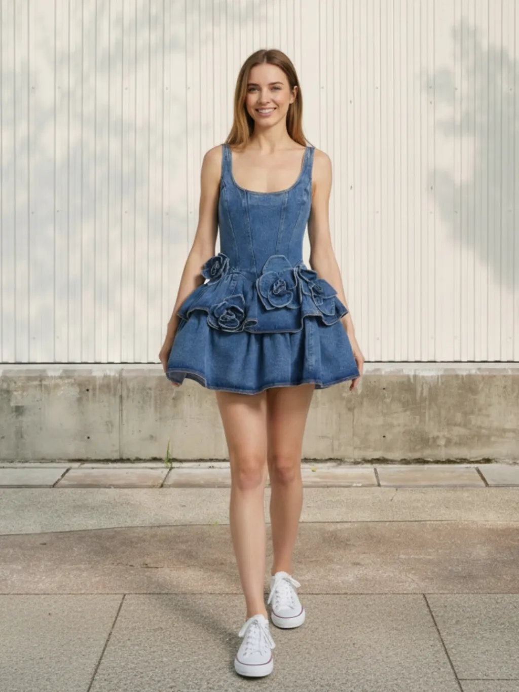 Women's Short Denim Dress with Romantic Floral Detail