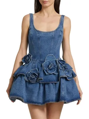 Women's Short Denim Dress with Romantic Floral Detail — view 2