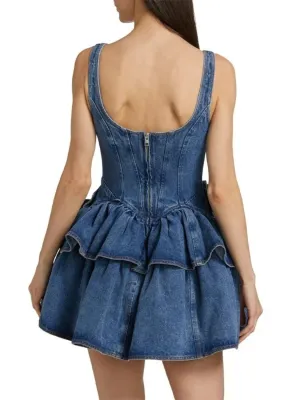 Women's Short Denim Dress with Romantic Floral Detail — view 3