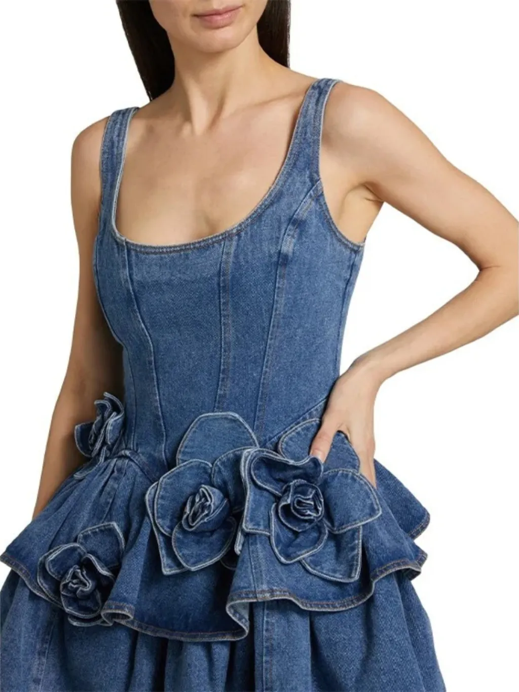 Women's Short Denim Dress with Romantic Floral Detail — endless ways to style it