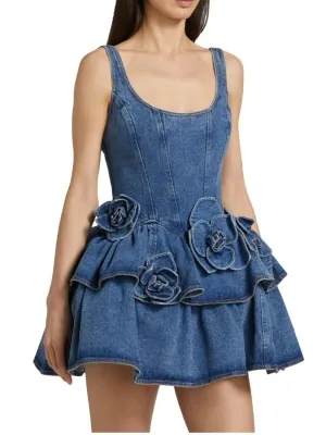 Women's Short Denim Dress with Romantic Floral Detail — view 5