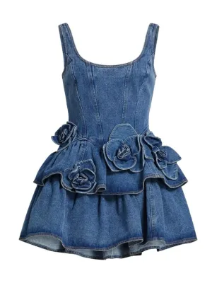 Women's Short Denim Dress with Romantic Floral Detail — view 7