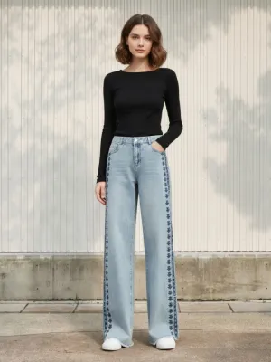Women's Sky Blue Embroidered Flared Jeans — view 1