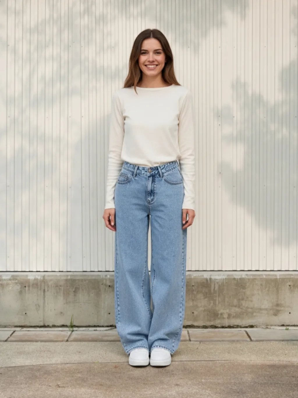 Women's Sky Blue Wide-Leg Jeans with Bow-Embroidered Pockets