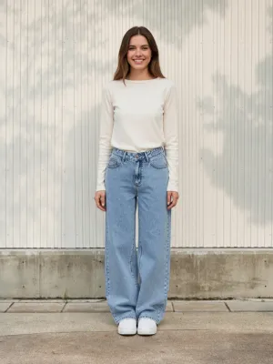 Women's Sky Blue Wide-Leg Jeans with Bow-Embroidered Pockets — view 1