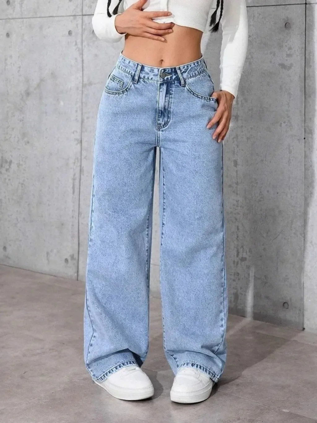 Women's Sky Blue Wide-Leg Jeans with Bow-Embroidered Pockets — a pair designed to be worn everywhere