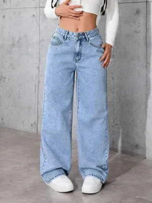 Women's Sky Blue Wide-Leg Jeans with Bow-Embroidered Pockets — view 2