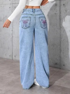 Women's Sky Blue Wide-Leg Jeans with Bow-Embroidered Pockets — view 3