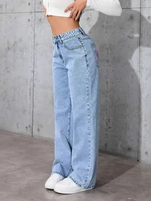 Women's Sky Blue Wide-Leg Jeans with Bow-Embroidered Pockets — view 4