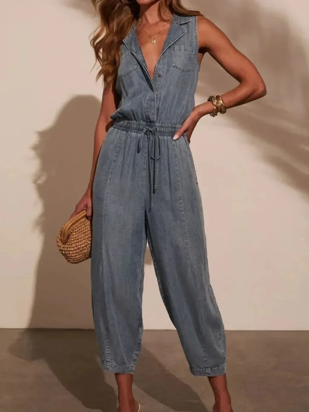 Women's Sleeveless Denim Jumpsuit, Elastic Waist — a pair designed to be worn everywhere