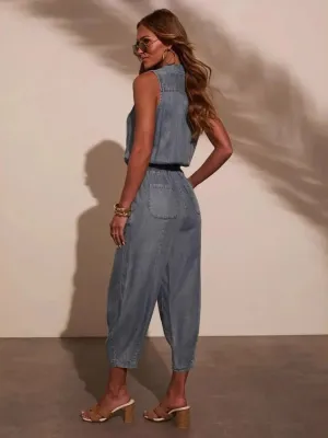 Women's Sleeveless Denim Jumpsuit, Elastic Waist — view 5