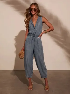 Women's Sleeveless Denim Jumpsuit, Elastic Waist — view 6