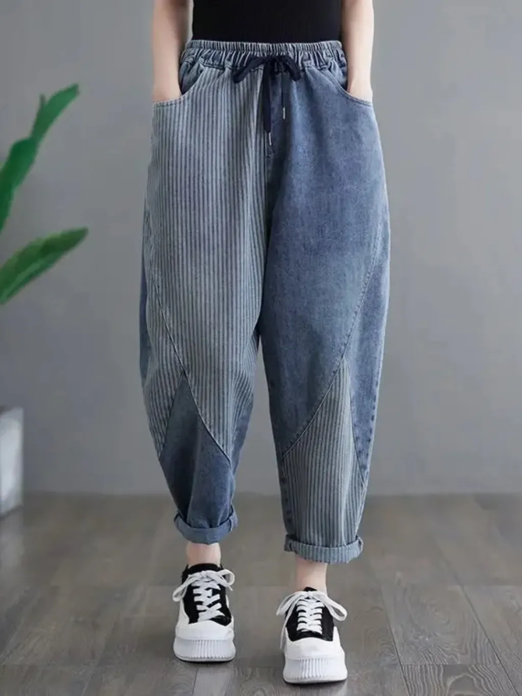 Women's Striped Patchwork Balloon Fit Jeans — quality denim, made to last