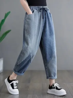Women's Striped Patchwork Balloon Fit Jeans — view 4