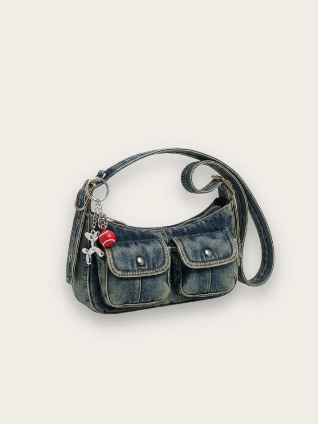 Women's Vintage Denim Shoulder Bag with Double Pocket & Charm