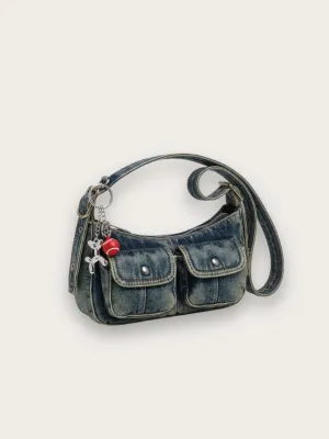 Women's Vintage Denim Shoulder Bag with Double Pocket & Charm — view 1